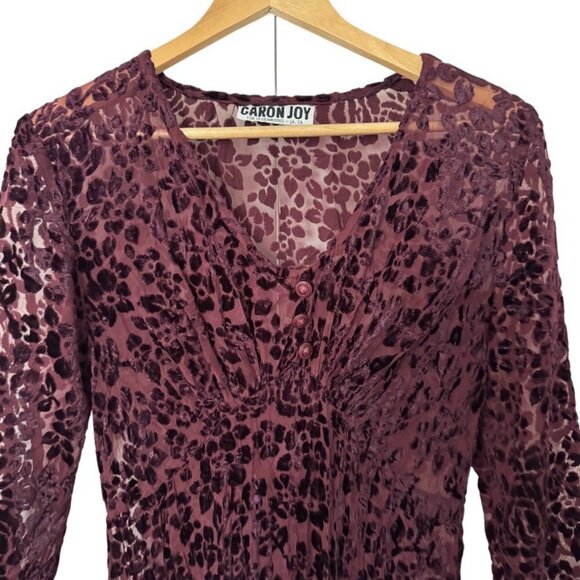 Vintage 1990s Caren Joy Burgundy Laser Cut Floral Velvet Witch Sheer Maxi Dress - Picture 4 of 7